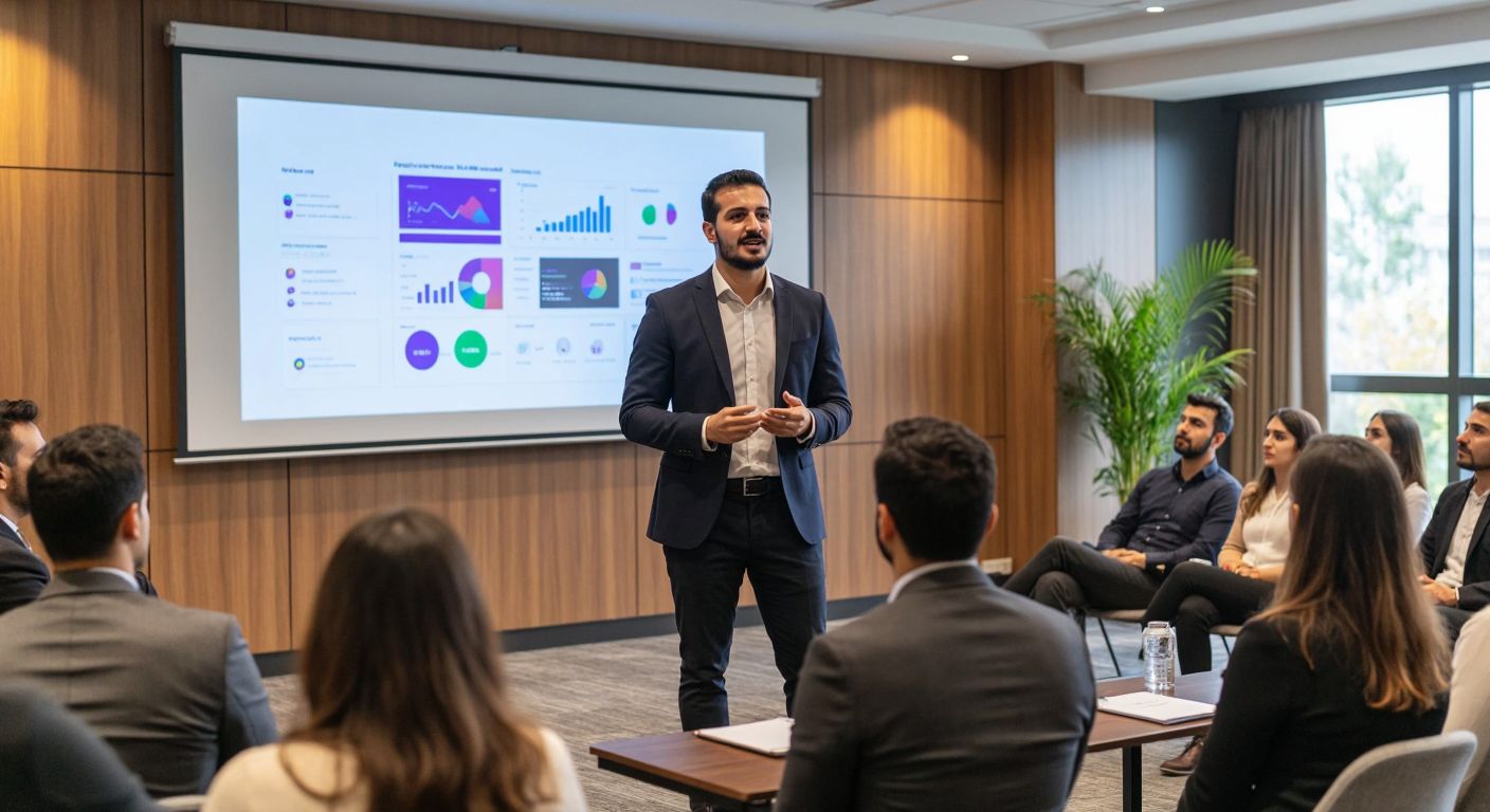 A confident Turkish presenter in a business suit stands before a projected screen displaying a simple, well-organized slide deck with colorful visuals, while an engaged audience listens attentively in a modern conference room.