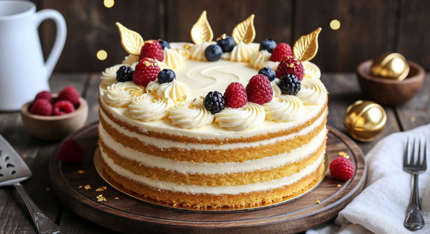 A golden vanilla or lemon cake with fluffy layers sits on a rustic wooden table, topped with swirls of white cream, fresh berries, and tiny edible golden snitch decorations, evoking the magical world of Harry Potter.