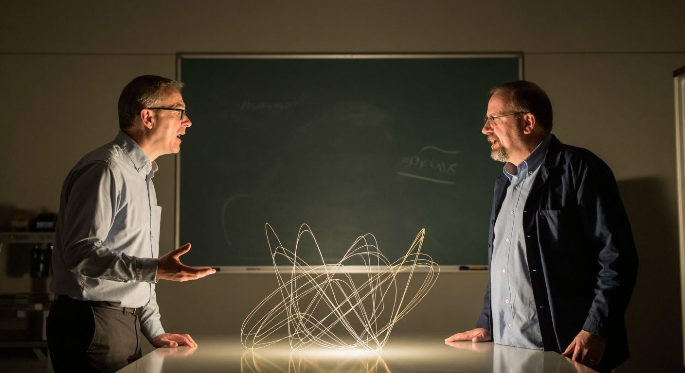 Two middle-aged male scientists, one with glasses and the other with a beard, standing in a dimly lit physics lab, passionately discussing over a chalkboard covered in abstract, wavy lines representing string theory.