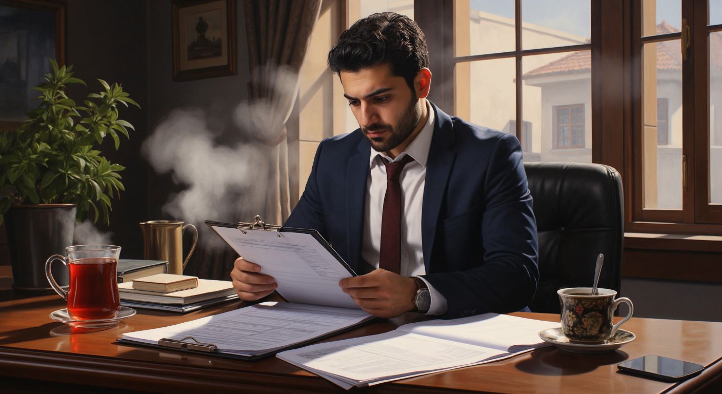 A focused Turkish office worker in a business-casual outfit reviews a clipboard with attendance sheets while sitting at a desk with a steaming cup of Turkish tea nearby.