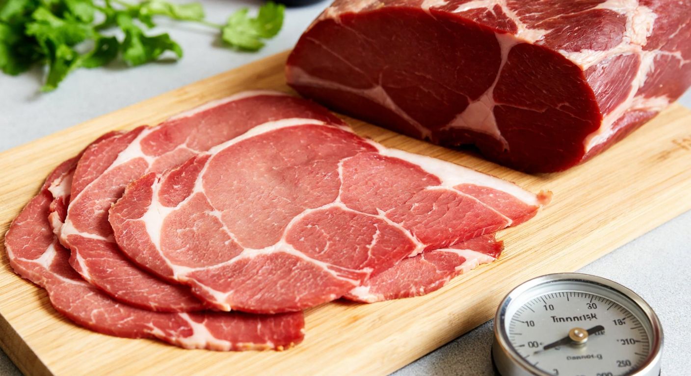 A close-up of thinly sliced Polish smoked beef arranged neatly on a wooden cutting board, with a small kitchen scale nearby showing 50 grams.