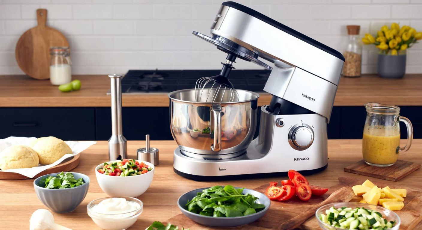 A vibrant Turkish kitchen counter with a Kenwood Chef mixer blending fresh ingredients into a creamy soup, surrounded by bowls of chopped vegetables, dough, and a pitcher of smoothie, evoking warmth and culinary creativity.