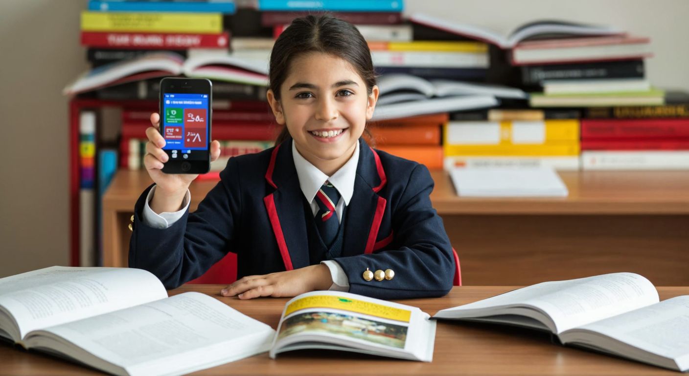 A cheerful Turkish student in a school uniform sits at a wooden desk, surrounded by open textbooks labeled with subjects like Turkish, Math, and History, while holding a smartphone displaying a colorful educational app interface.