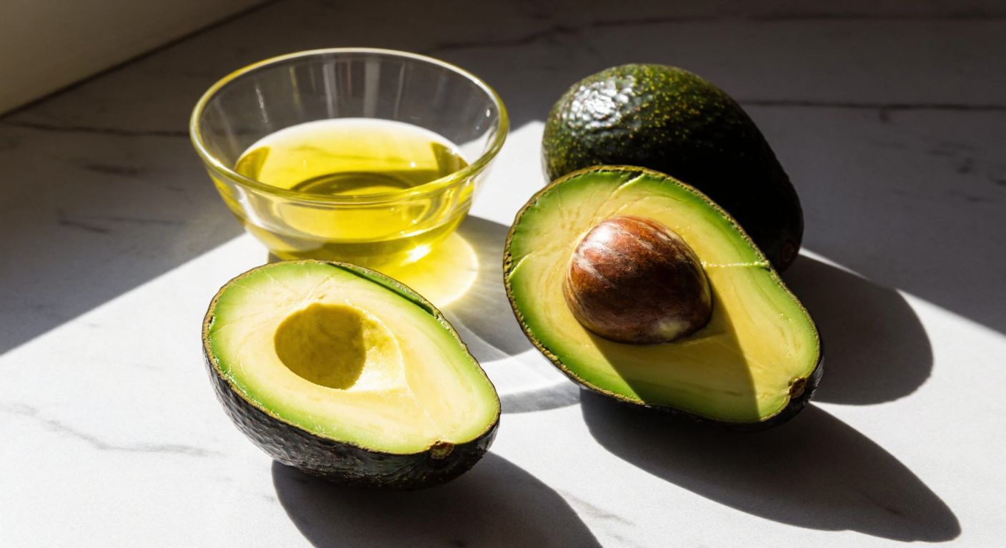 A sunlit Turkish kitchen counter with a halved avocado, its green flesh exposed, next to a small bowl of golden olive oil and a mortar filled with freshly grated avocado seed powder.