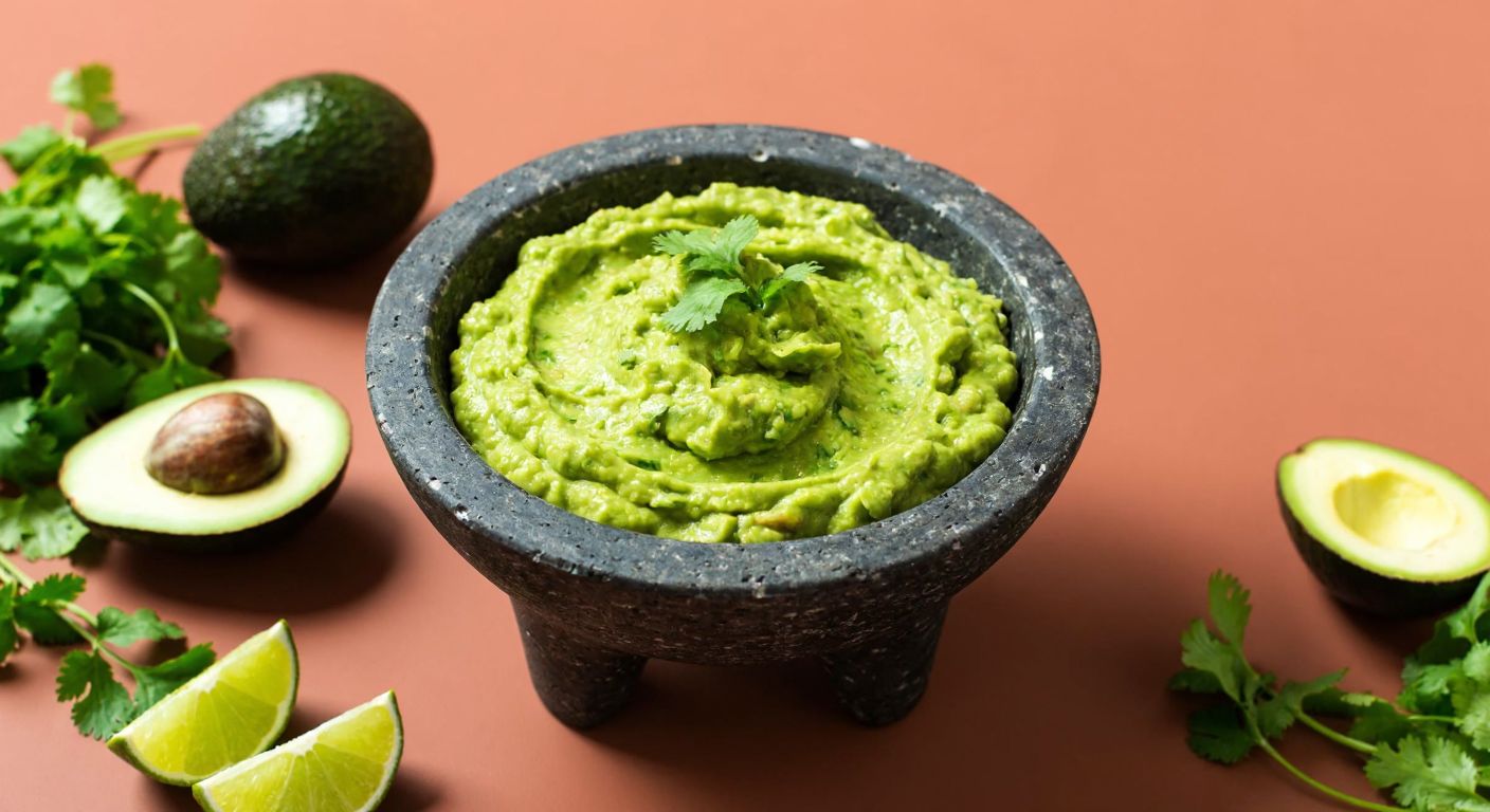 A vibrant green guacamole sauce in a traditional Mexican molcajete, surrounded by fresh avocados, lime wedges, and cilantro, with a warm terracotta background.