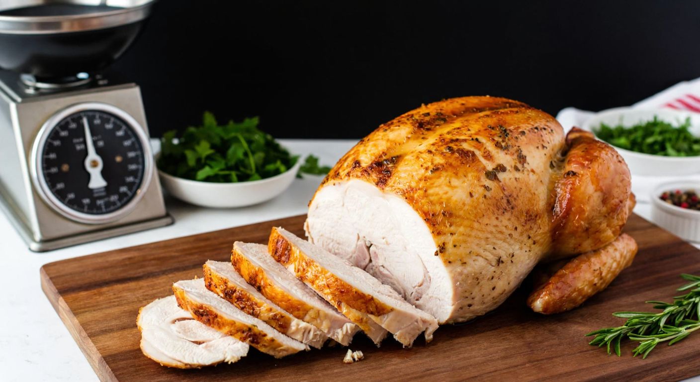 A golden-brown roasted turkey breast sliced on a wooden cutting board, with a small kitchen scale nearby and a bowl of fresh herbs in the background, evoking a cozy Turkish home kitchen.