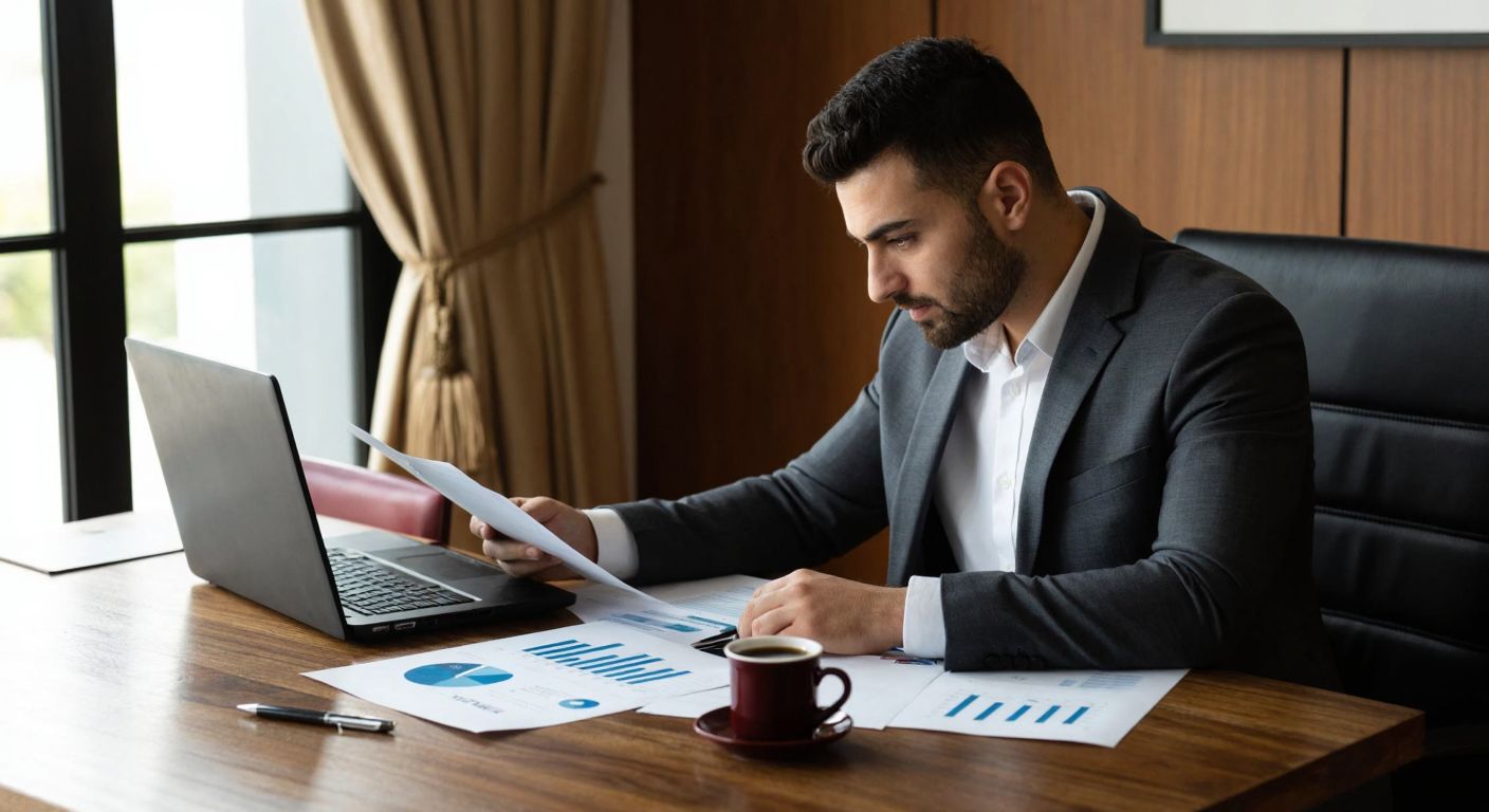 A focused Turkish entrepreneur in a formal suit reviews a detailed business plan document at a wooden desk, with a laptop, financial charts, and a cup of Turkish coffee nearby, symbolizing preparation for an E2 visa application.