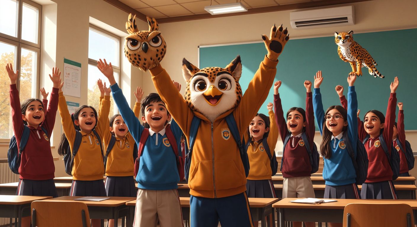 A group of Turkish middle-school students in school uniforms excitedly raising their hands in a bright classroom, with a baykuş (owl) and çita (cheetah) mascot standing proudly at the front, symbolizing the competing teams.