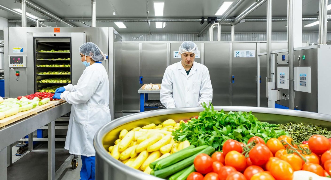 A modern Turkish food factory with stainless steel freeze-drying machines processing vibrant fruits, vegetables, and herbs, while workers in white coats and hairnets carefully monitor the production line.