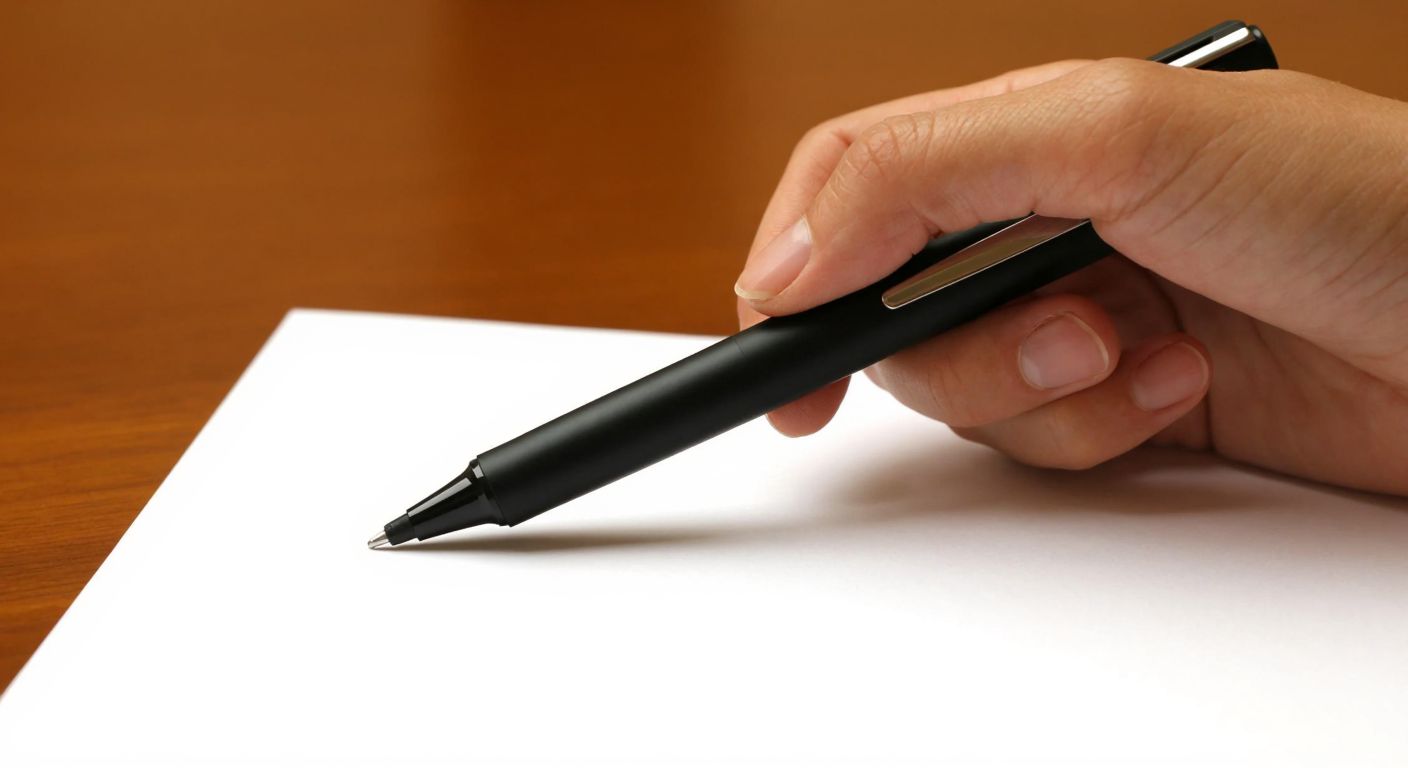 A close-up of a hand holding a sleek black ink pen at a slight angle, poised over a crisp white sheet of paper on a wooden desk, with a faint shadow cast by the pen tip.