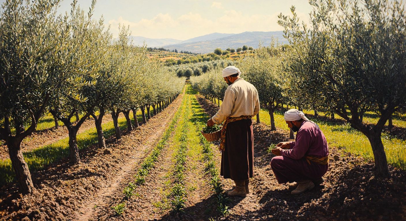 A sunlit Turkish orchard with rows of young olive and pistachio trees, their leaves glistening, while a farmer in traditional clothing carefully inspects the healthy, budding branches.