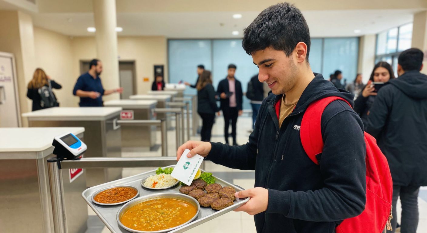 A young student in a Turkish university cafeteria swipes a campus card at a turnstile, holding a tray of traditional dishes like lentil soup and köfte, with a relaxed expression of relief.