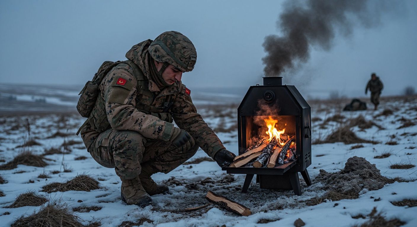 A Turkish soldier in military uniform crouches in a snowy field, carefully arranging wood inside a small portable stove, with a warm orange glow emanating from its open top, while a cold wind blows through the surrounding barren landscape.