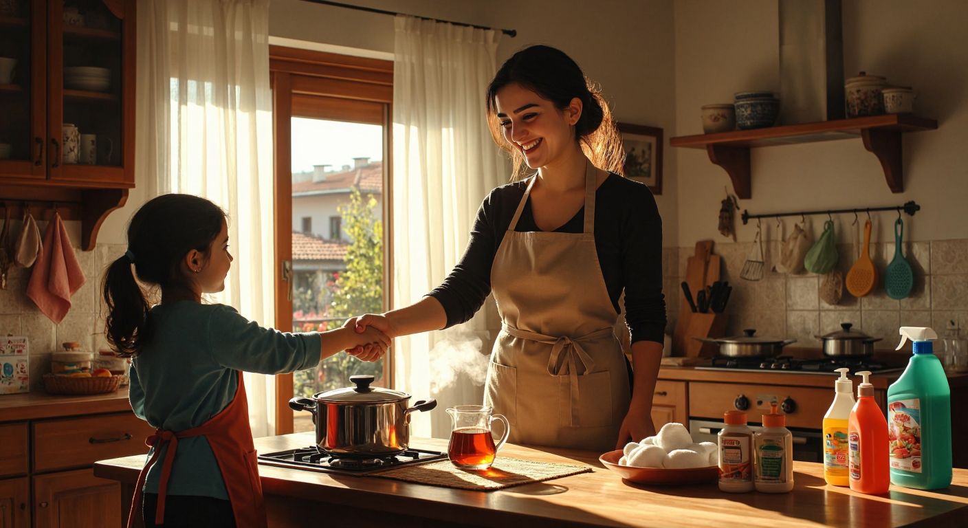 A warm Turkish home with a smiling woman in an apron shaking hands with a family, surrounded by neatly arranged cleaning supplies and a pot of çay steaming on the table.