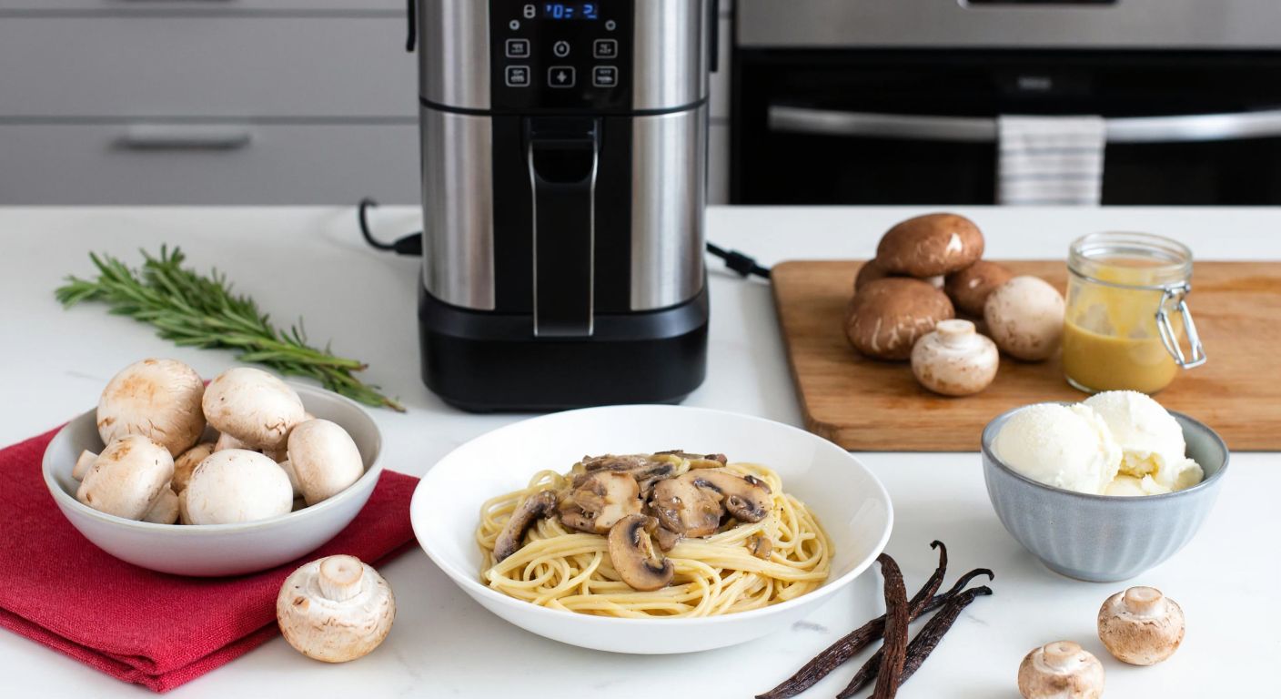 A Turkish kitchen counter displays a bowl of creamy mushroom pasta next to a Ninja Creami machine churning smooth vanilla ice cream, with fresh ingredients like mushrooms and vanilla pods scattered nearby.