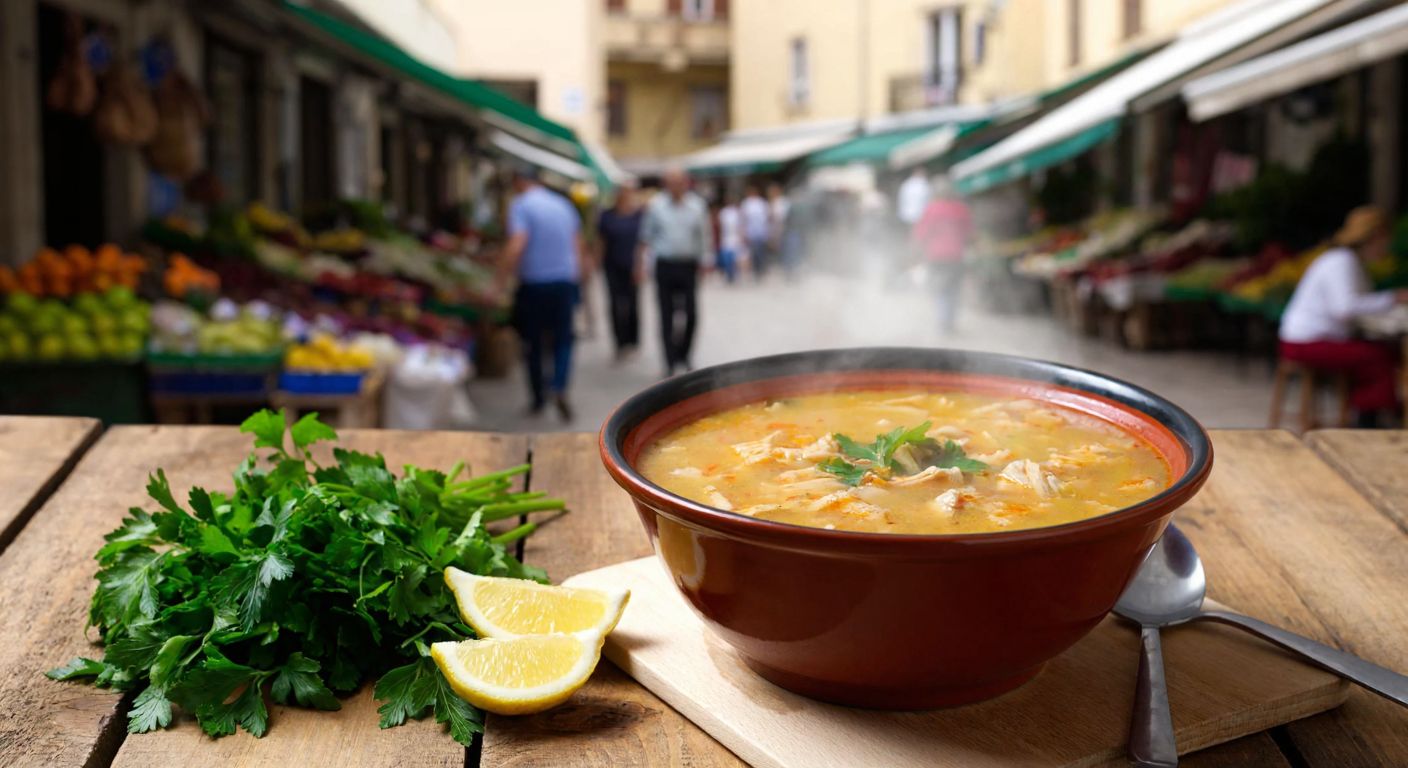 A steaming bowl of tripe soup sits on a rustic wooden table, surrounded by fresh herbs and lemon wedges, with a bustling Balkan marketplace in the background.