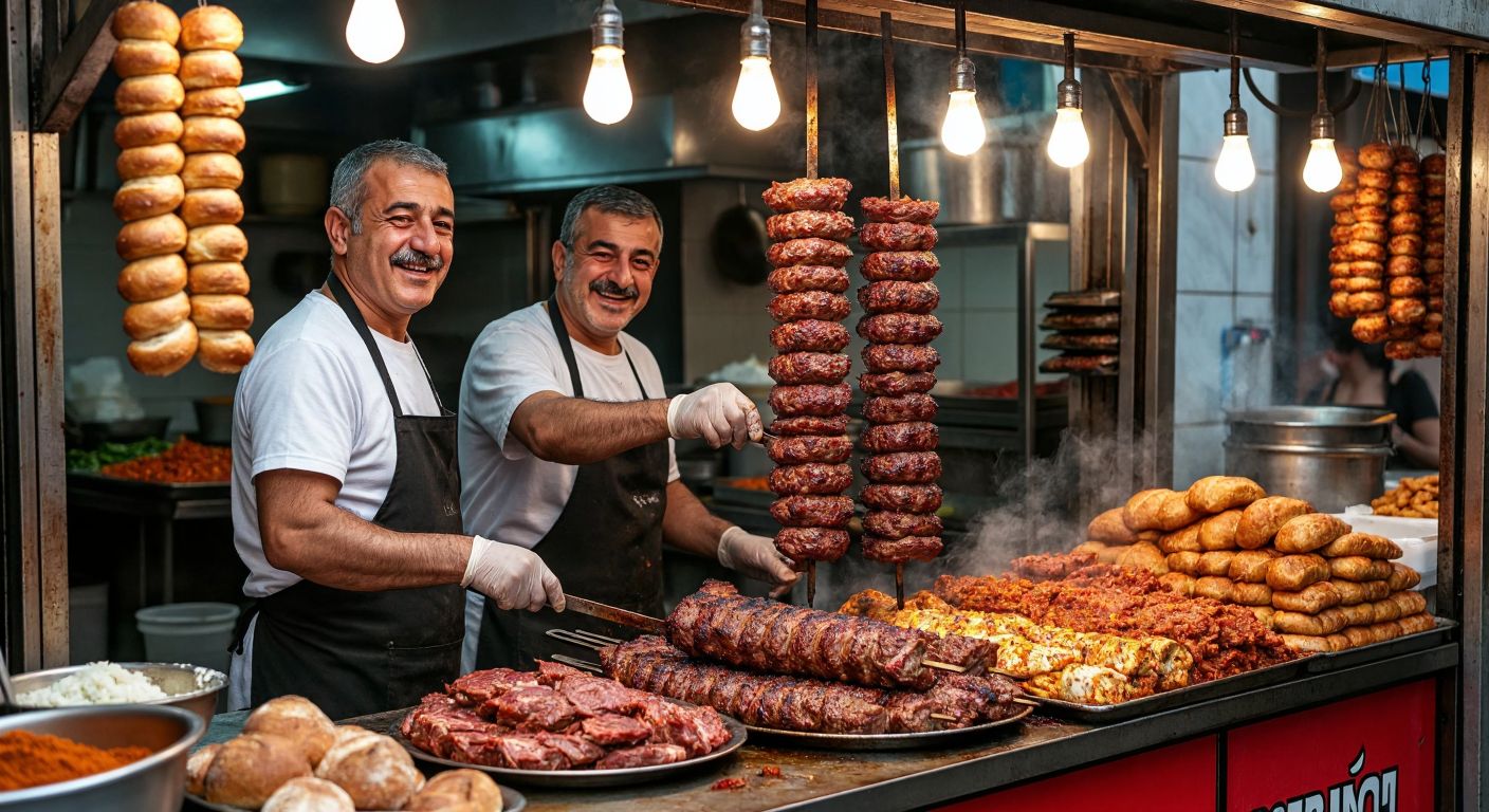 A bustling Turkish street food stall with two smiling middle-aged men in aprons grilling stacked layers of seasoned meat on a vertical rotisserie, surrounded by the aroma of spices and fresh bread.