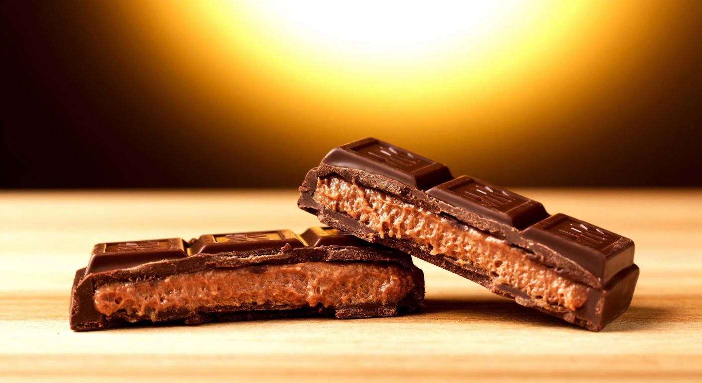 A close-up of a crisp, layered KitKat bar split open to reveal its creamy cocoa filling, resting on a wooden table with a warm, golden background.