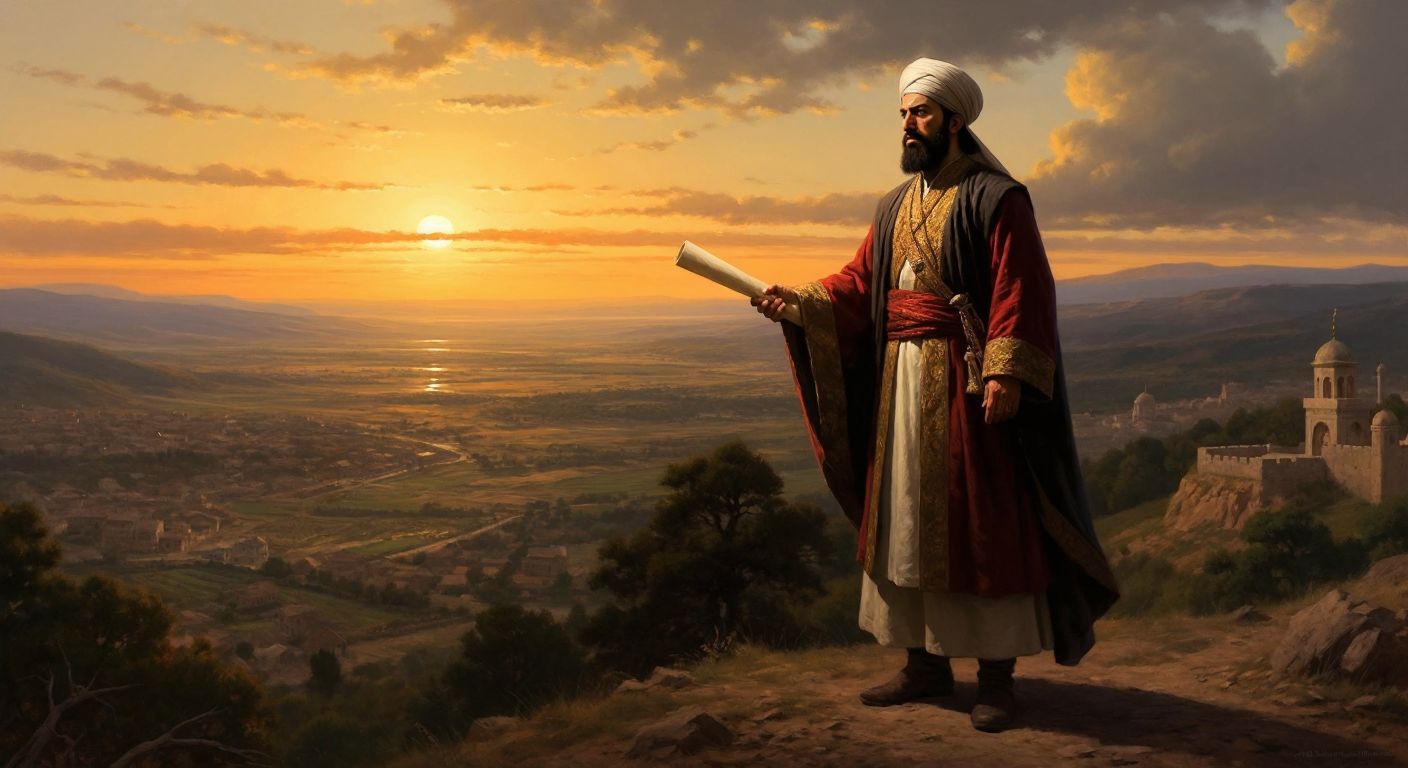 A solemn Ottoman pasha in traditional robes stands on a hill overlooking a battlefield, holding a rolled parchment with a distant, contemplative gaze as the sun sets behind him.