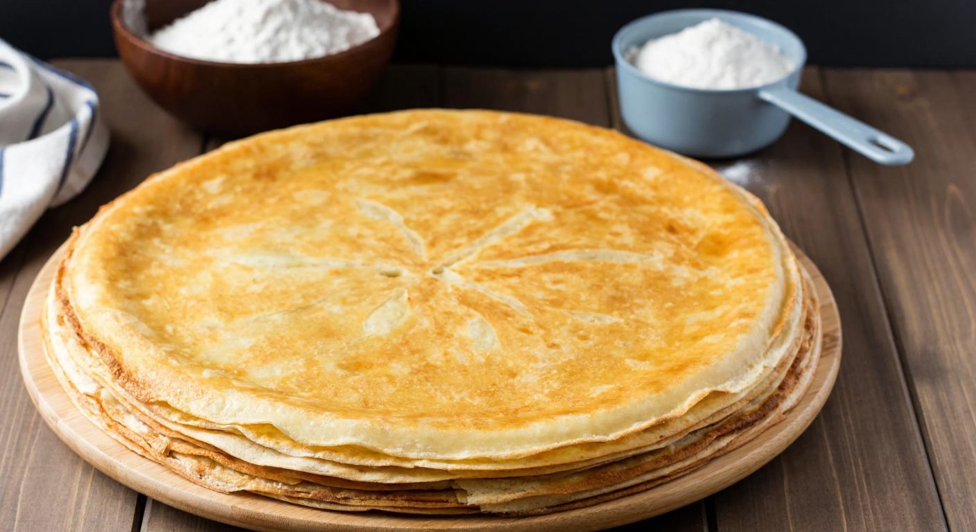A golden, flaky Turkish crepe börek resting on a wooden table, with a bowl of flour and a measuring cup nearby, evoking warmth and homemade comfort.