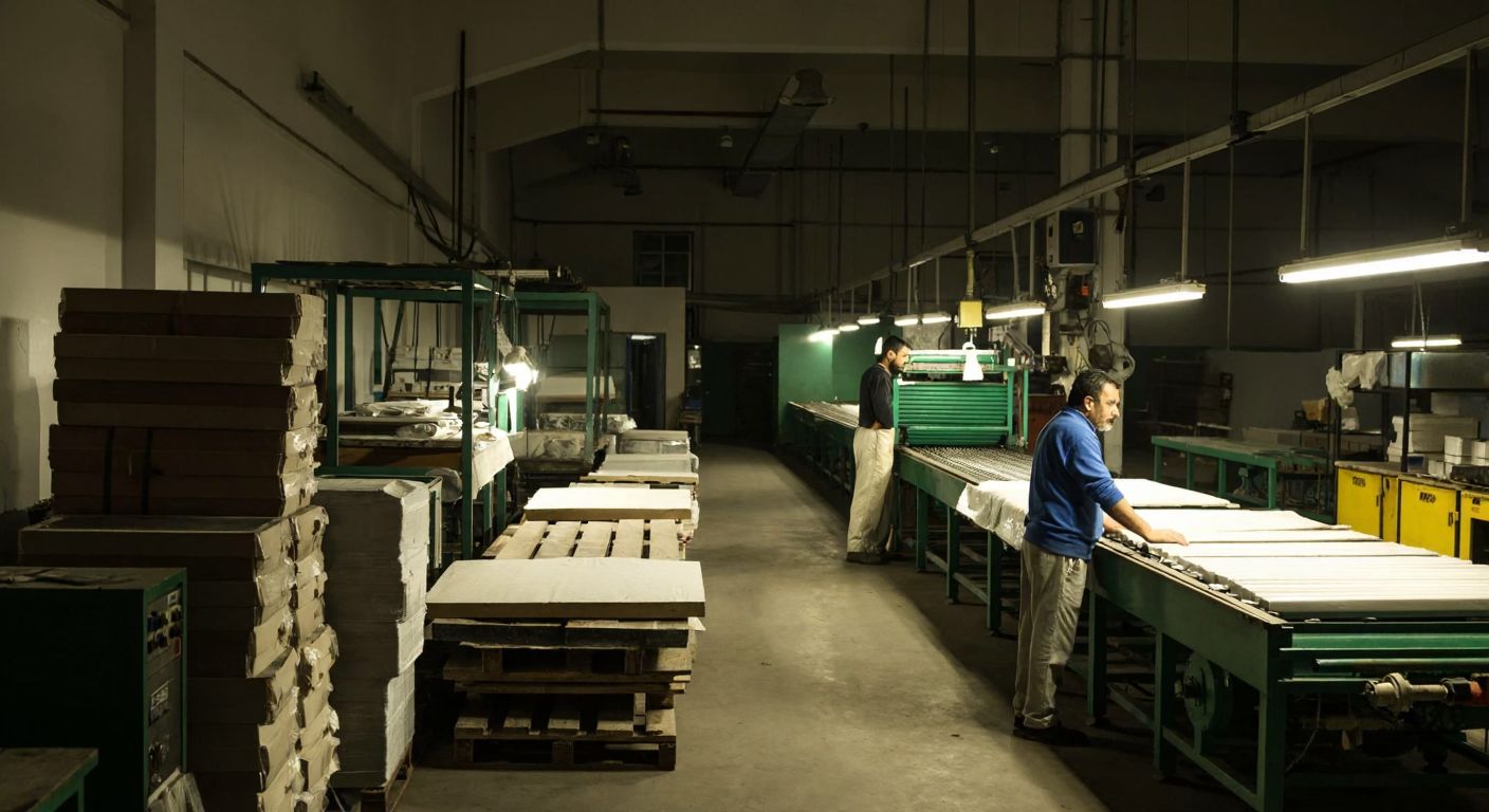 A dimly lit Turkish factory with idle machinery, stacks of unused raw materials, and a worker with a concerned expression standing near a halted production line.
