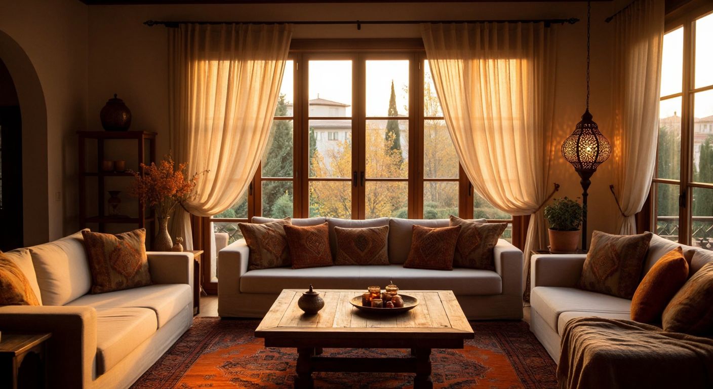 A warm Turkish living room with soft golden light from curtain lamps, a cozy seating area with patterned cushions, and a wooden coffee table, illustrating the importance of proper lighting for different spaces.