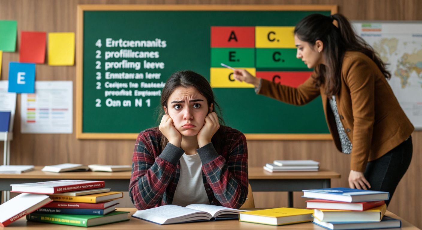 A frustrated Turkish student sits at a wooden desk with scattered English language textbooks, looking confused while a teacher points to a chart with colorful proficiency level flags (A1 to C2) but no N1 label.