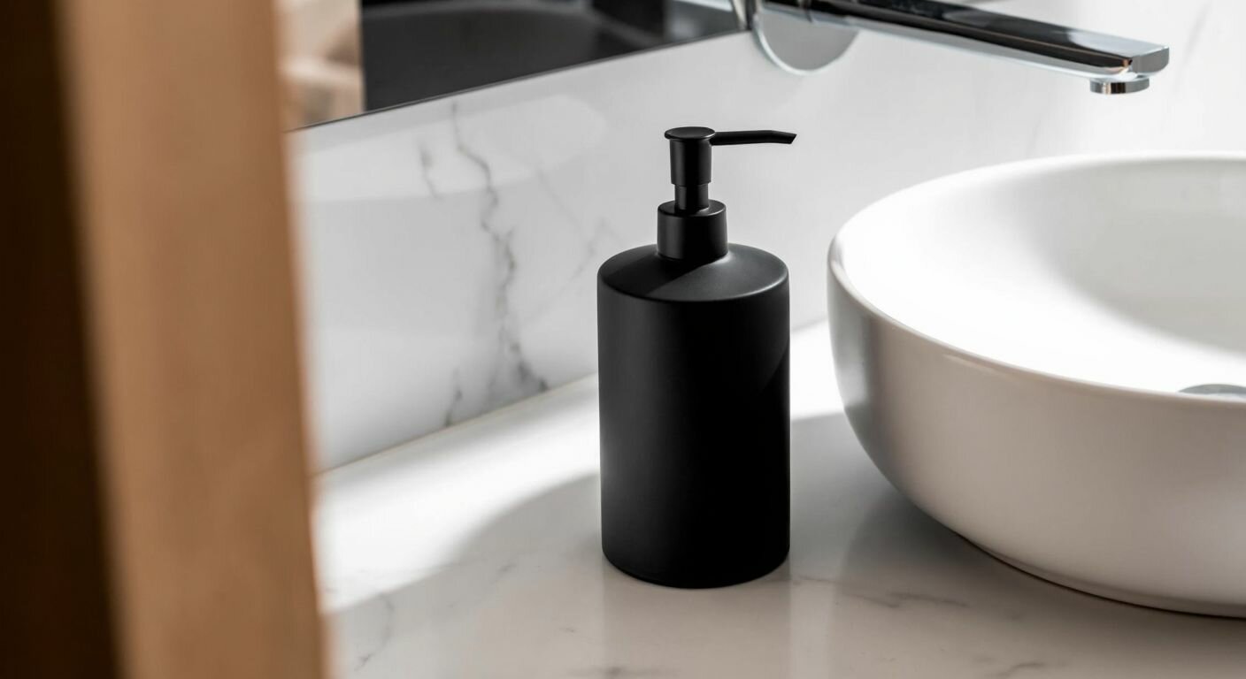 A sleek black liquid soap dispenser with a modern design, placed on a white marble bathroom counter next to a ceramic sink, reflecting soft light.
