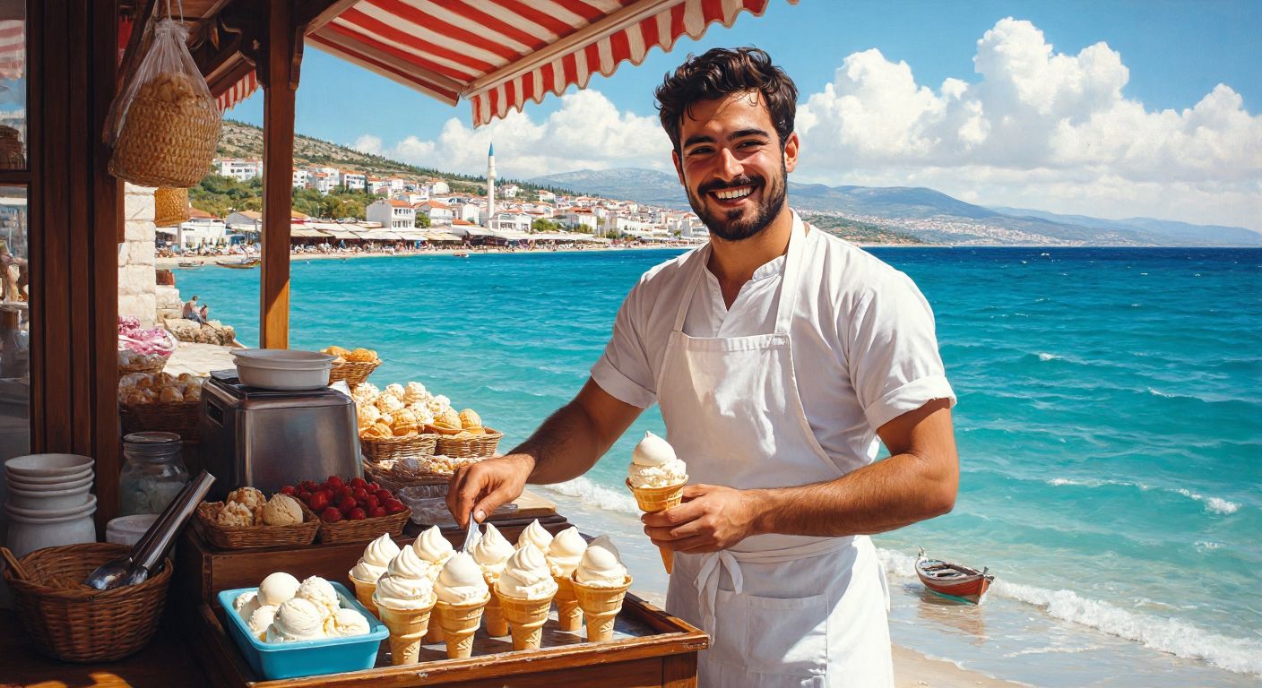 A vibrant seaside scene in Çeşme, with a smiling vendor in a white apron scooping creamy damla sakızlı dondurma into a crisp waffle cone, the turquoise Aegean Sea glistening behind them.