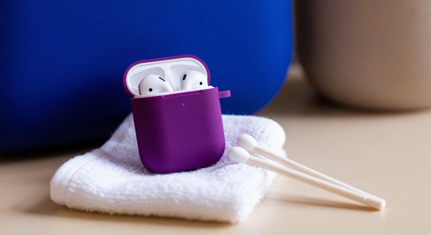 A close-up of a deep purple AirPods case resting on a soft white microfiber cloth, with a damp cloth and cotton swabs neatly arranged beside it, under warm indoor lighting.