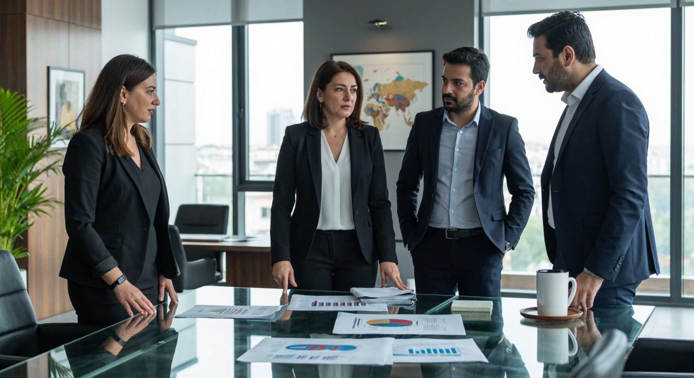 A modern office in Istanbul with three Turkish professionals—a confident woman in a blazer (Pervin Olgun) and two well-dressed men (Sencer and Tezer Binyıldız)—discussing research documents over a glass table, surrounded by charts and a Turkish coffee set.