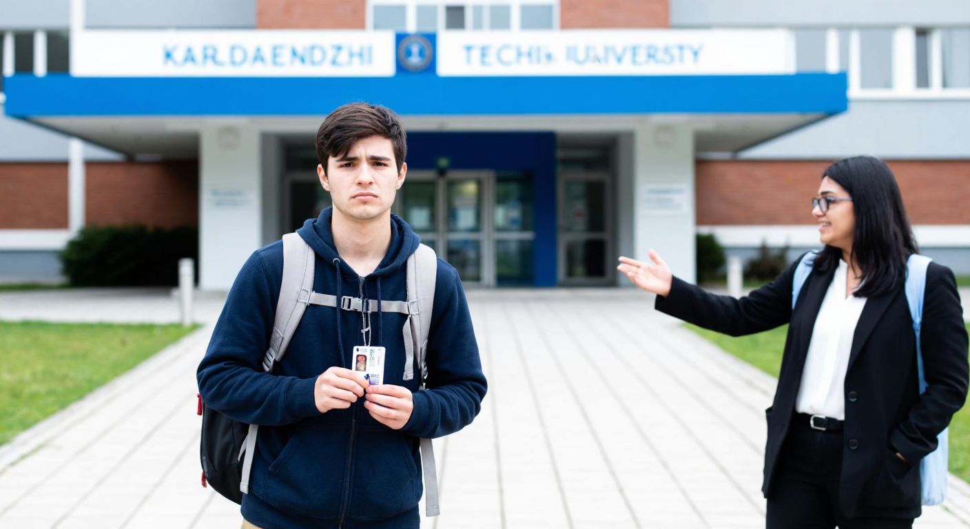 A young student with a backpack stands in front of Karadeniz Technical University's entrance, looking slightly confused while holding a student ID card, with a friendly university staff member gesturing toward the student affairs office in the background.