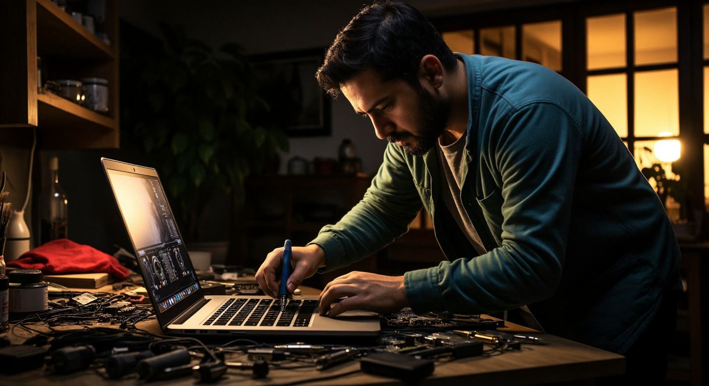 A person in a well-lit Turkish home carefully uses a screwdriver to remove the back panel of a laptop, revealing a battery secured with small clips.