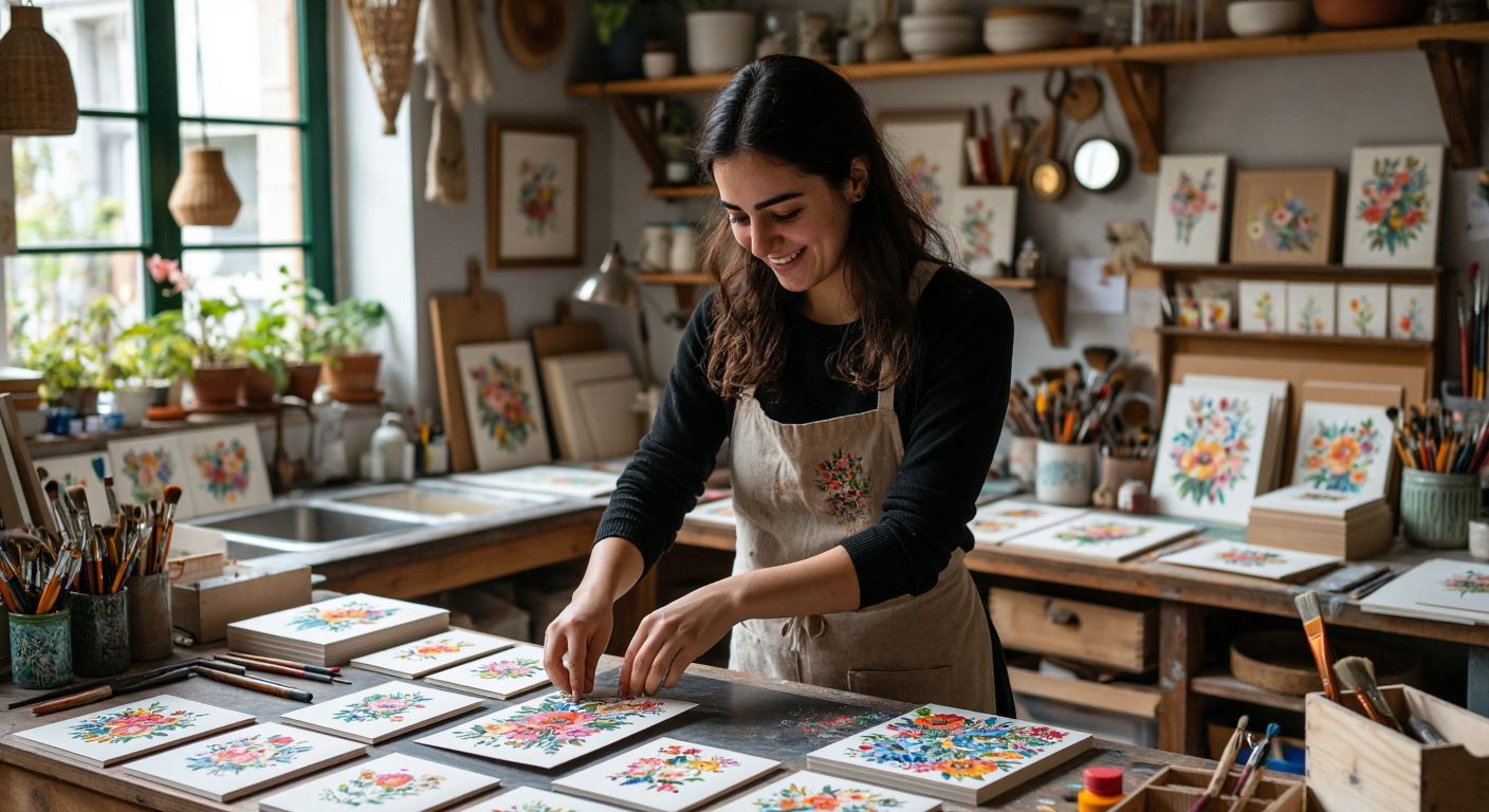 A smiling Turkish woman in a cozy workshop carefully hand-presses a vibrant floral design onto a thick, matte-finished thank-you card, surrounded by scattered art supplies and stacks of freshly printed cards.