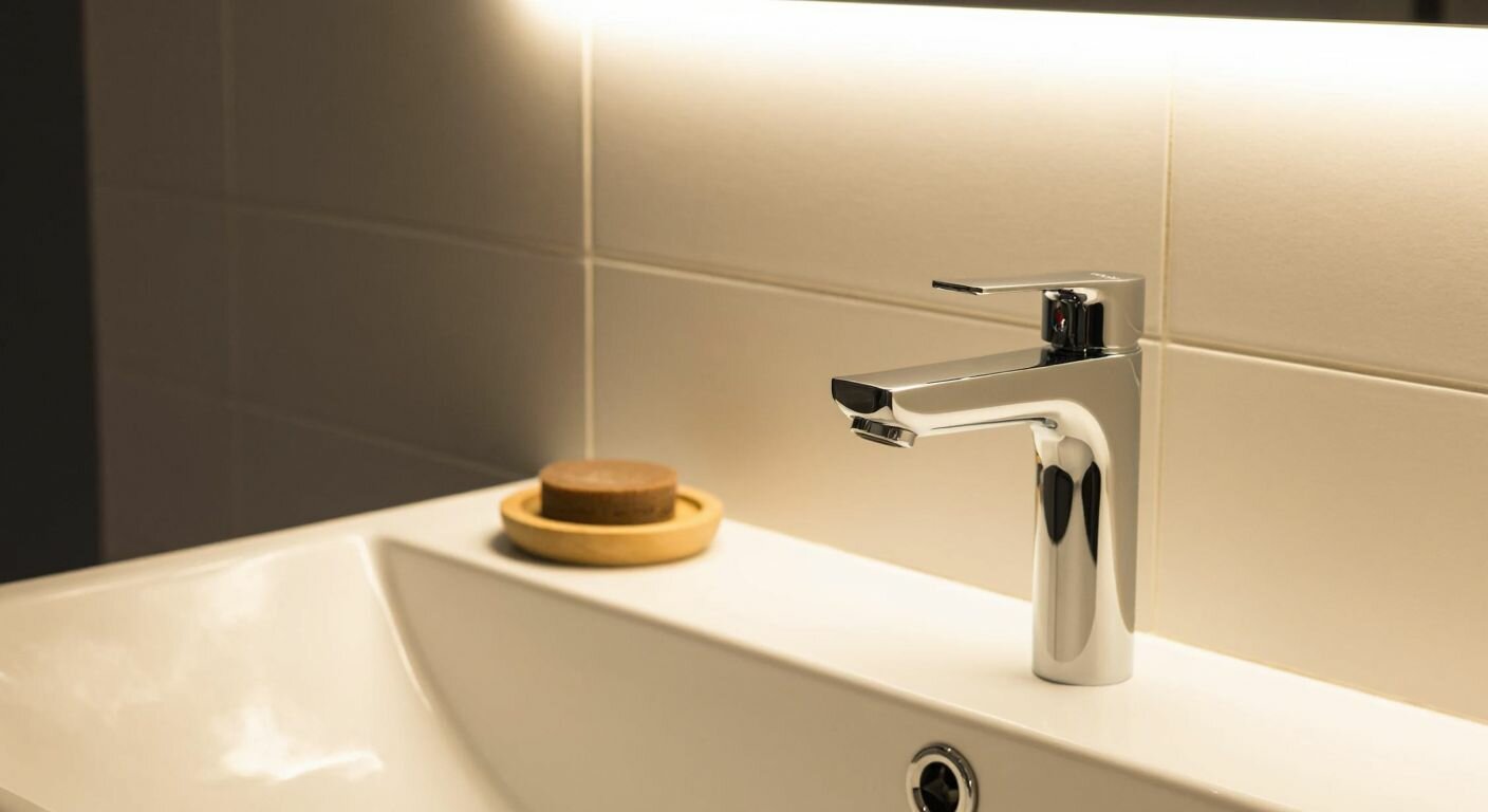 A sleek, modern Geberit faucet with a sensor glows under warm light in a clean, tiled Turkish bathroom, reflecting its infrared technology and elegant design.