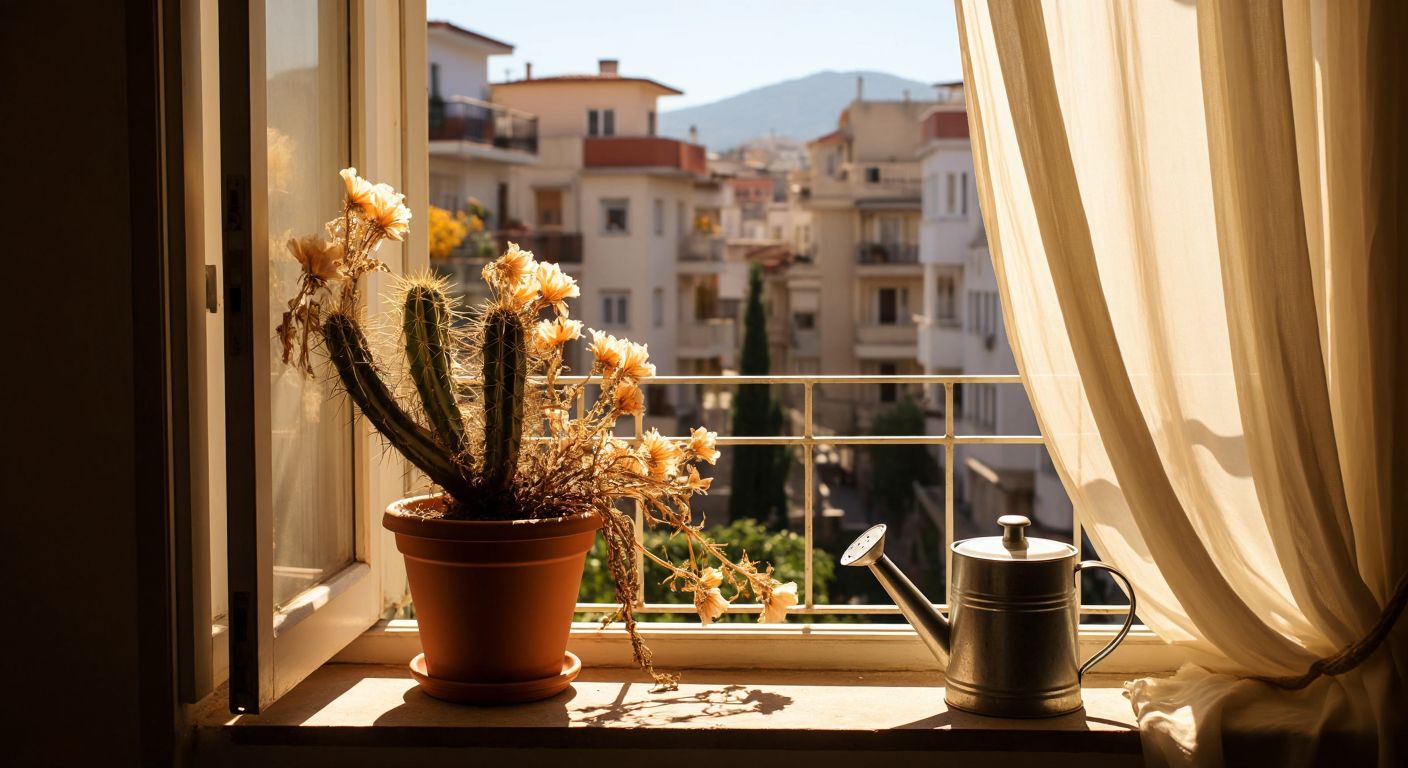 A sunlit Turkish balcony with a wilted cactus in a terracotta pot, its dried flower drooping, while a watering can sits unused nearby and sunlight streams through sheer curtains.