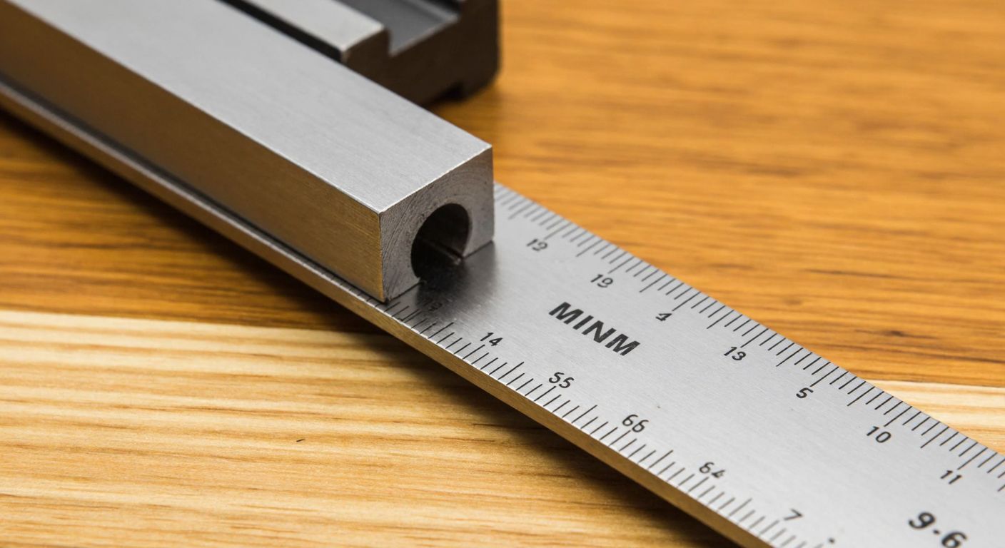 A close-up of a metal ruler lying on a wooden workbench, with one side marked in inches and the other in millimeters, showing a precise measurement point at 5/8 inch (15.875 mm).
