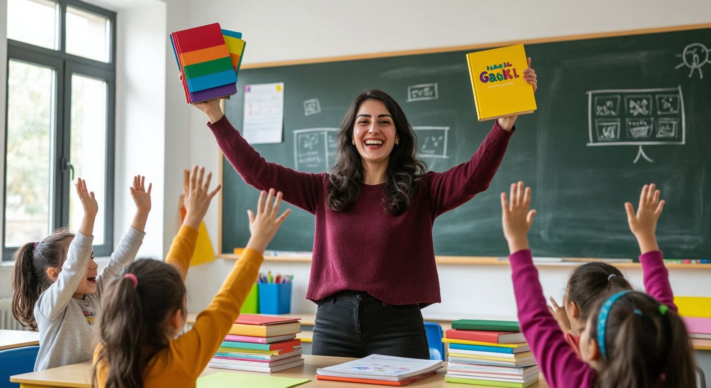 A cheerful Turkish teacher in a bright classroom holds up colorful educational materials while second-grade students eagerly raise their hands, surrounded by stacks of workbooks and a blackboard with simple drawings.