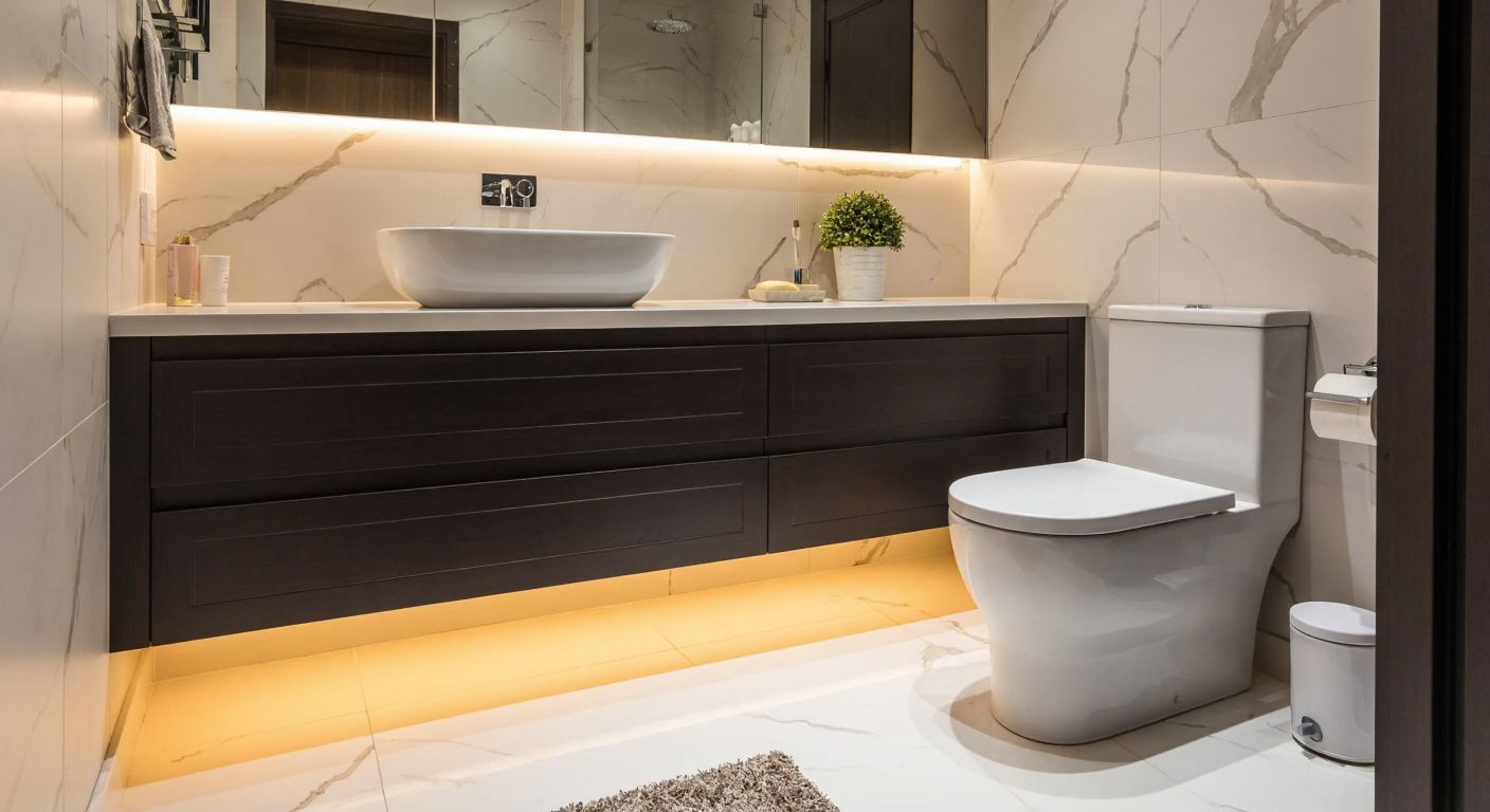 A modern Turkish bathroom with a sleek Hilton-style vanity unit (sink, countertop, and cabinet combined) placed beside a separate white porcelain toilet, both under warm lighting with marble tiles reflecting a clean, luxurious aesthetic.