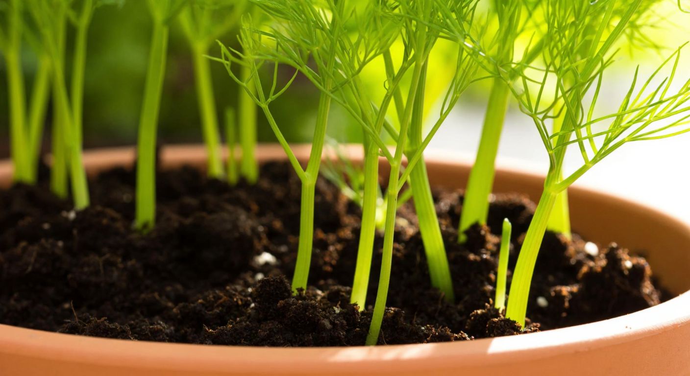 A close-up of fresh dill seedlings sprouting from dark, moist soil in a terracotta pot, with warm sunlight filtering through green leaves in the background.