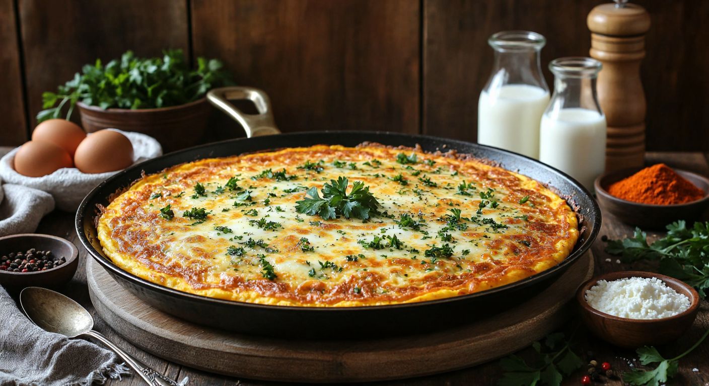 A warm, golden-brown savory pancake sizzling in a pan, topped with melted cheese and sprinkled with fresh parsley, surrounded by ingredients like eggs, milk, and spices on a sunlit Turkish kitchen counter.