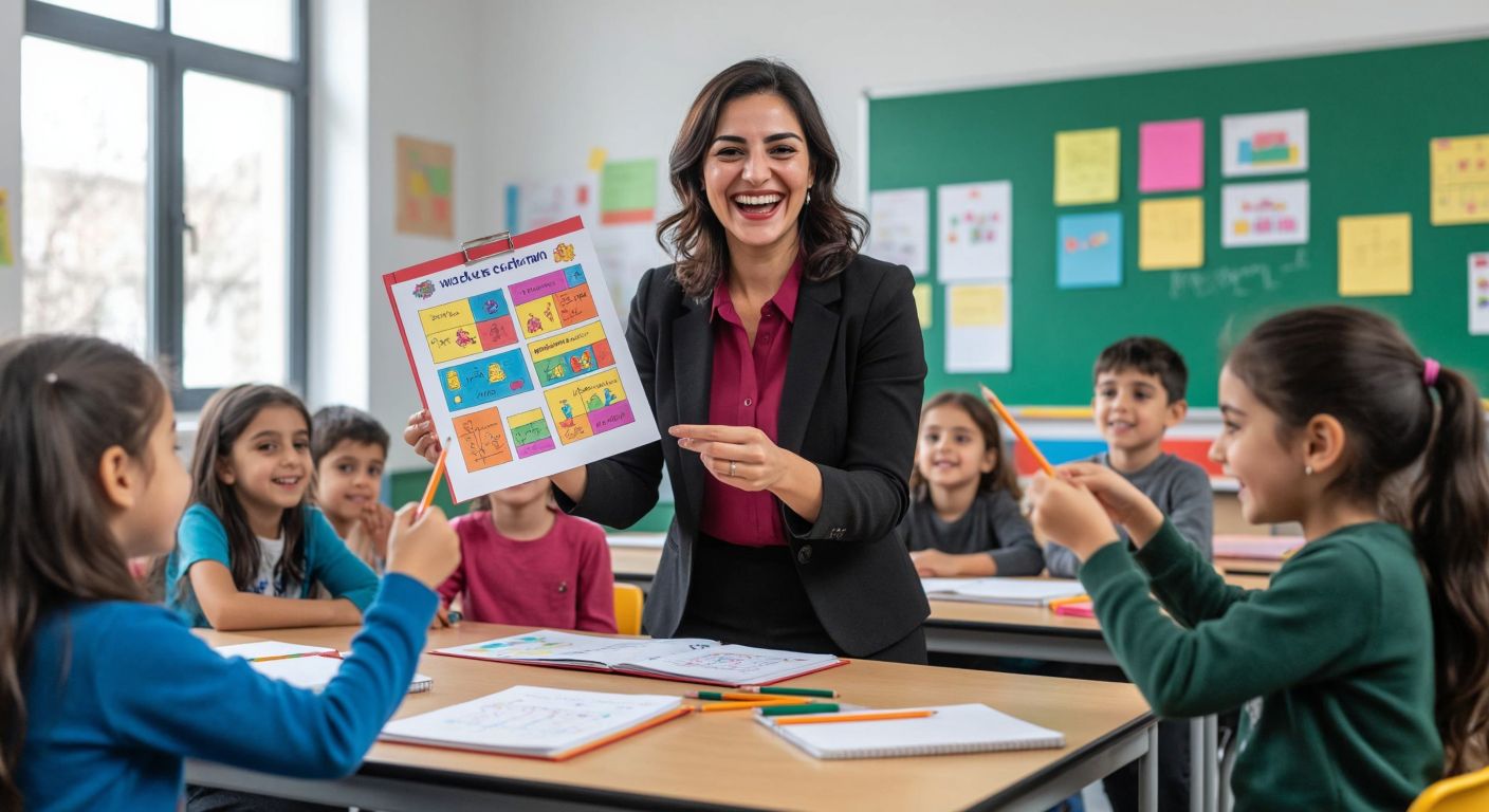 A cheerful Turkish teacher in a bright classroom holds up colorful math activity sheets for second graders, surrounded by eager children with pencils and notebooks.