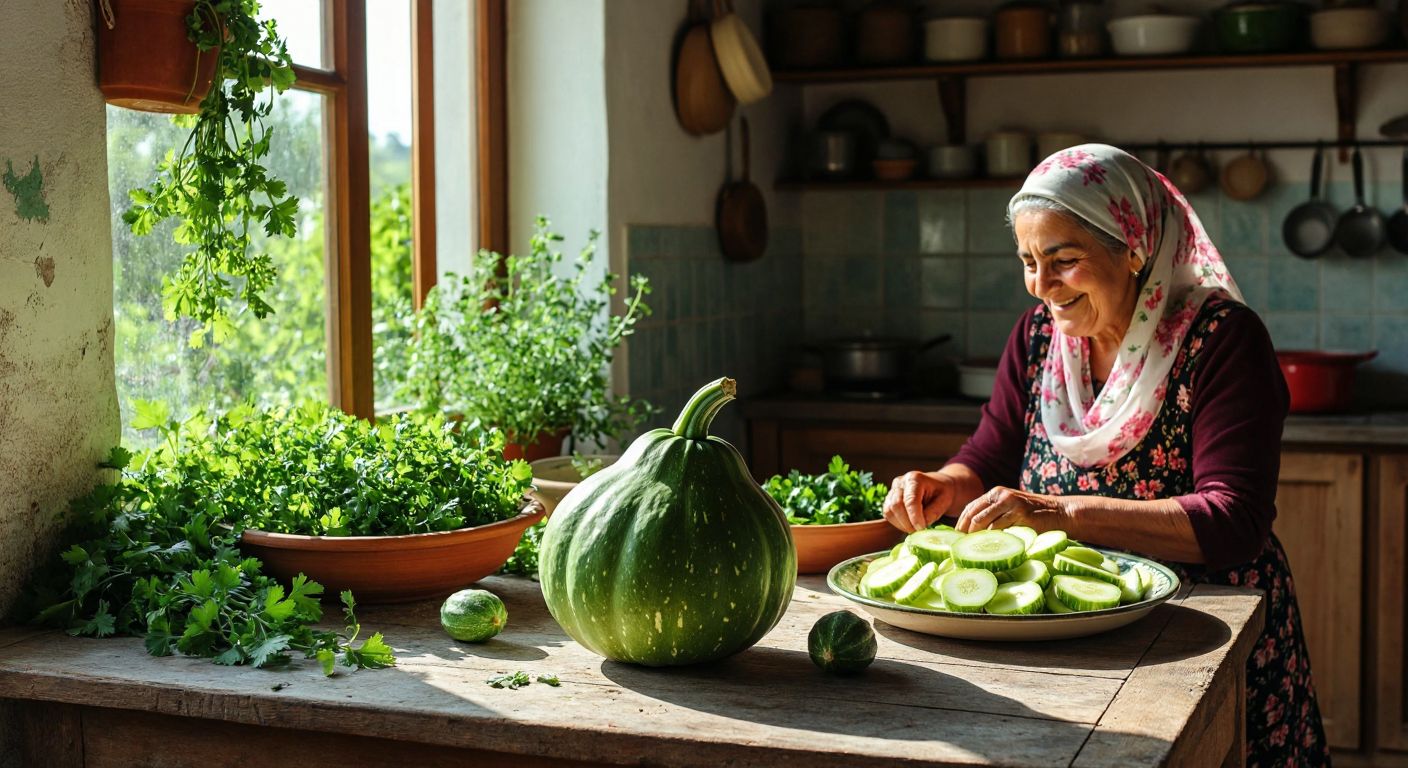 A vibrant green chayote squash rests on a rustic wooden table in a sunlit Turkish kitchen, surrounded by fresh herbs and a bowl of sliced chayote, with a smiling elderly woman in a floral headscarf preparing it for a meal.