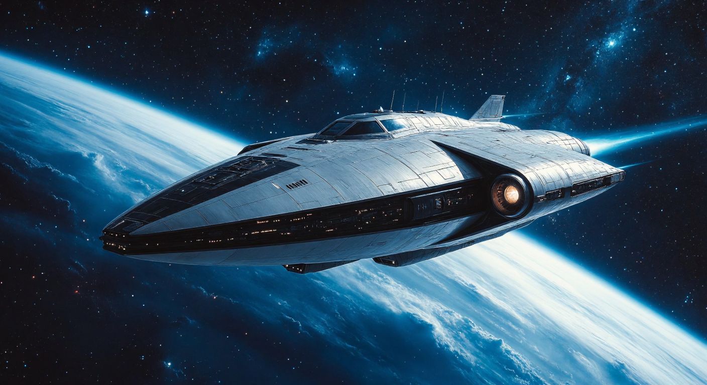 A futuristic spacecraft soaring through a starry cosmos, its sleek metallic hull reflecting distant galaxies, while a diverse crew inside gazes out with wonder and determination.