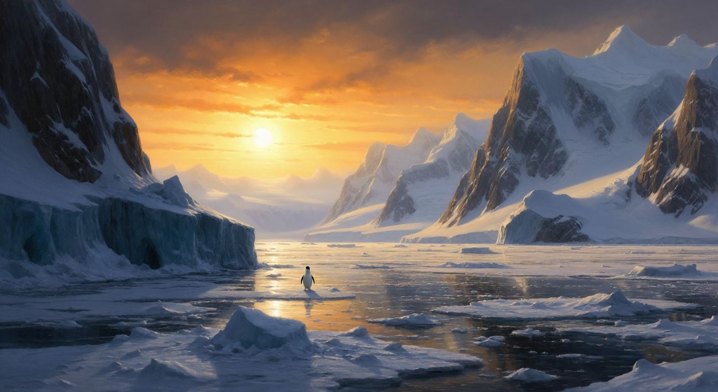 A vast, icy polar landscape under a dim, low-hanging sun, with towering glaciers and endless snow reflecting golden light, while a lone penguin stands near the South Pole and a polar bear roams the distant Arctic.