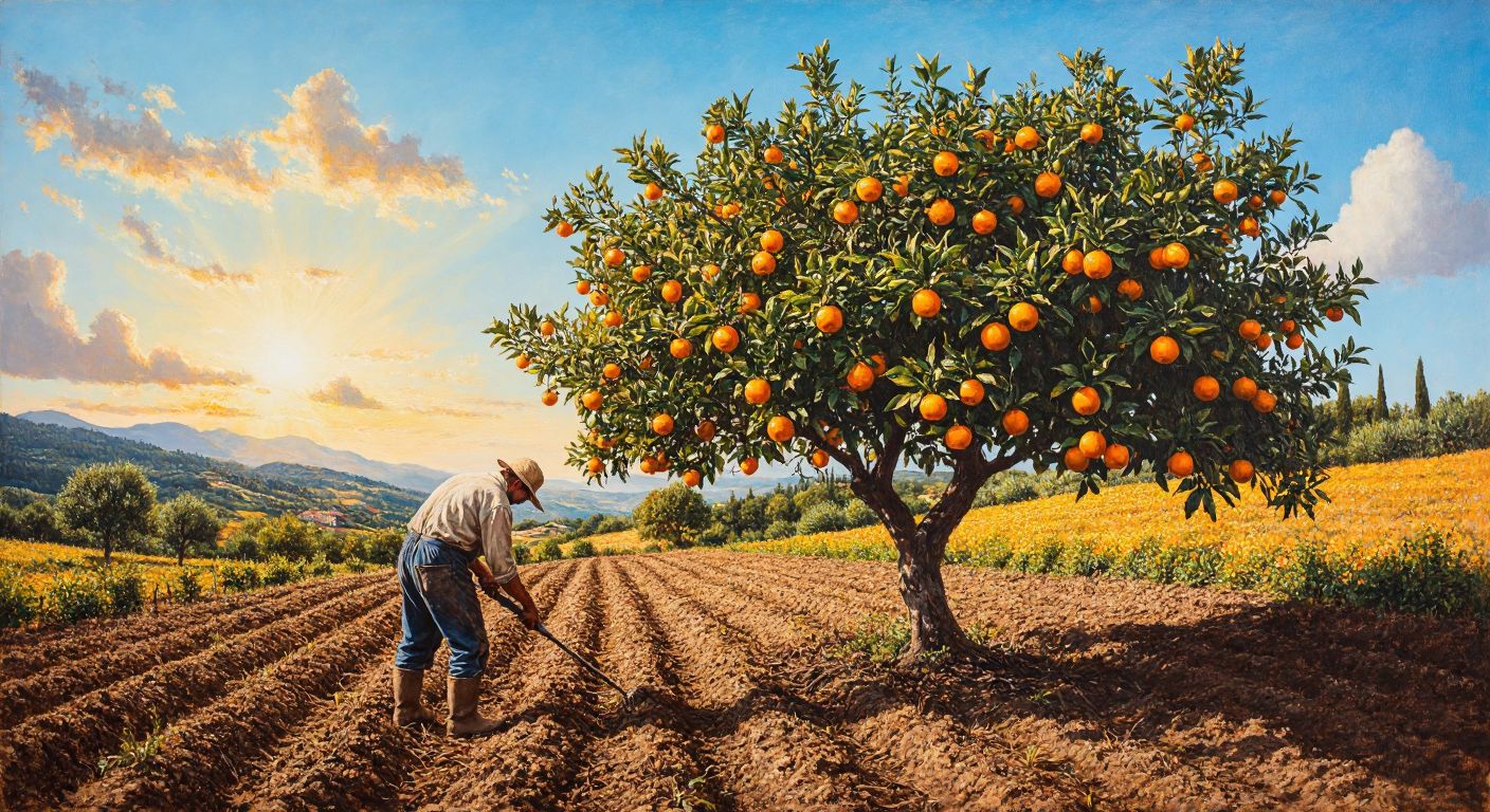A sunlit orange tree laden with ripe fruits stands in fertile soil, with a farmer carefully pruning its branches under a warm Mediterranean sky.