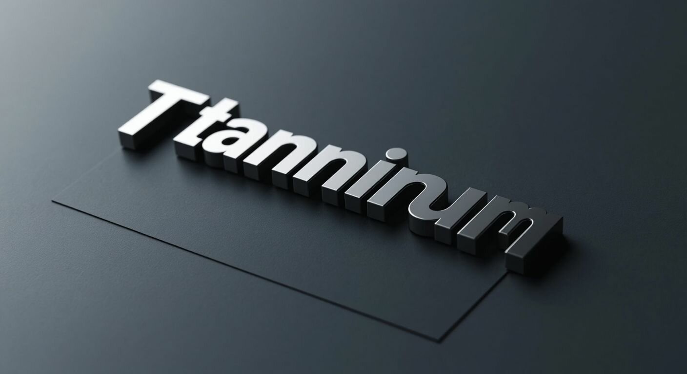 A sleek, metallic font sample titled "Titanium" glows against a dark background, surrounded by minimalist branding mockups like a modern logo and a web header design.