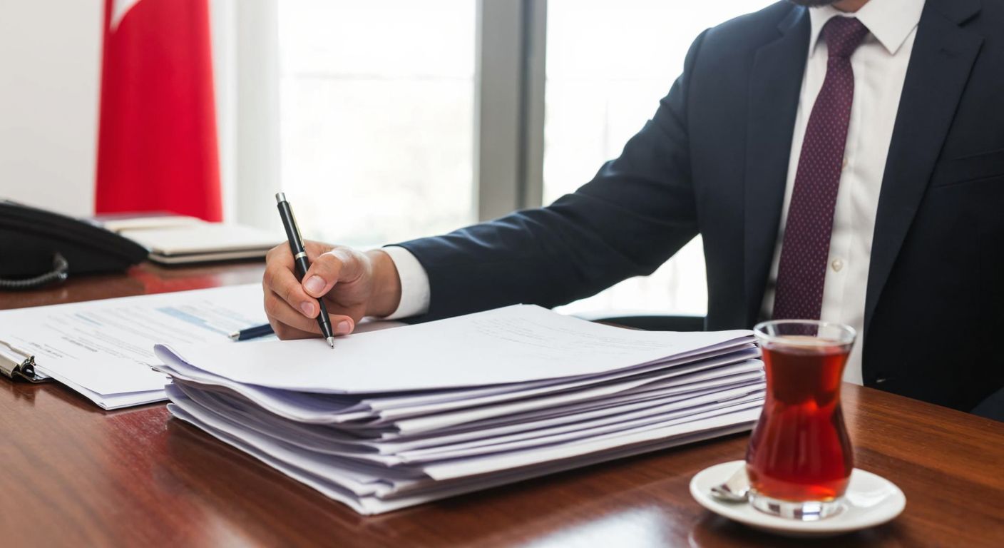 A Turkish businessperson in a formal office setting, thoughtfully reviewing documents at a wooden desk with a pen in hand, while a neatly organized stack of papers and a steaming cup of Turkish tea sit nearby.