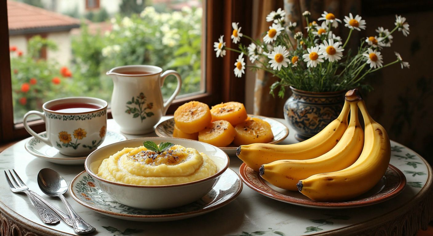 A warm, comforting Turkish dining table set with a bowl of creamy patates püresi, a plate of haşlanmış kabak, a steaming cup of papatya çayı, and a ripe muz, evoking a sense of gentle nourishment and care.