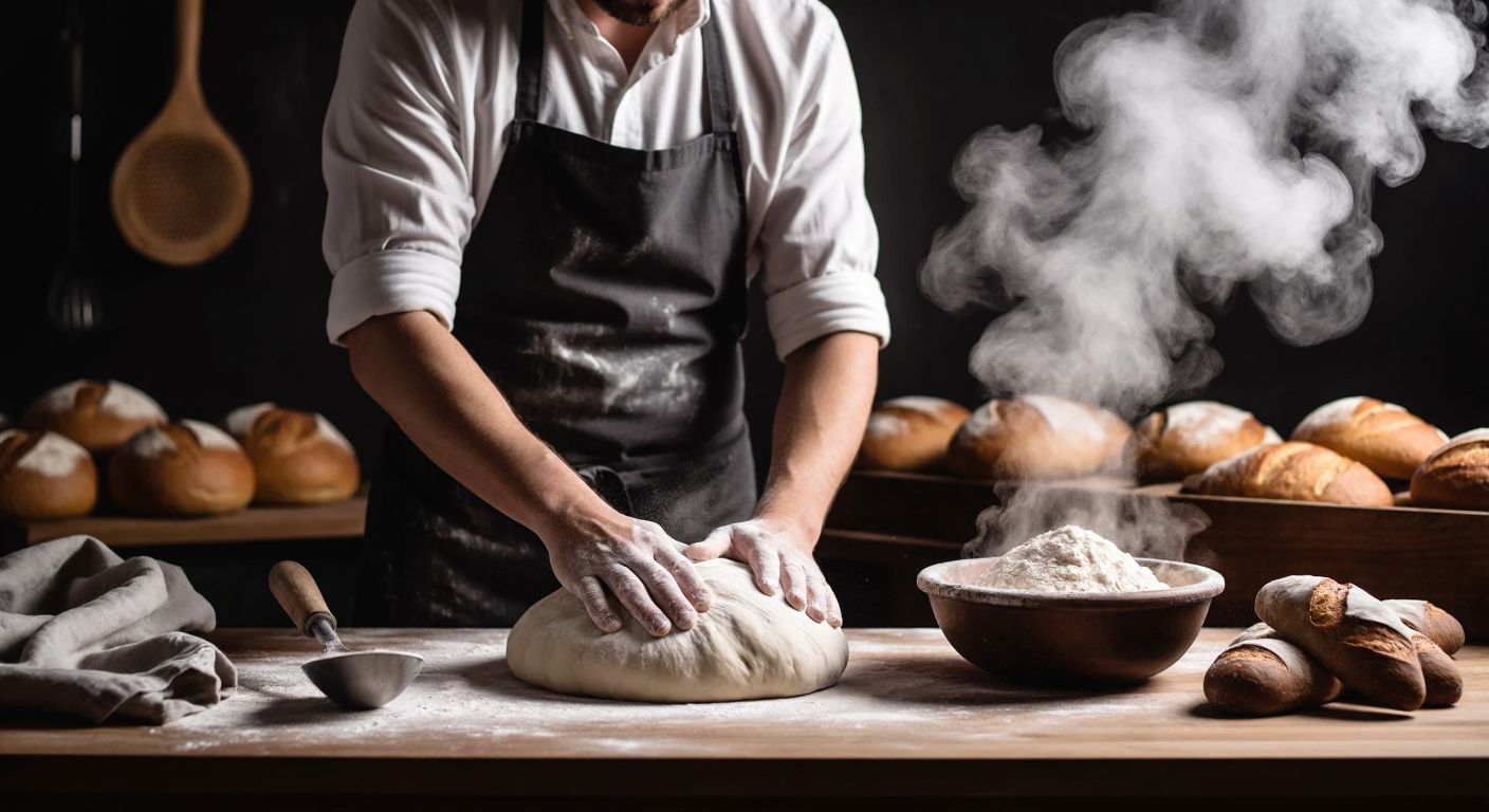 A baker in a flour-dusted apron kneads smooth dough on a wooden table, with a bowl of ice cubes nearby and steam rising from freshly baked loaves in the background.